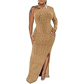 Women's Formal Evening Gowns Elegant Sparkly One Shoulder Maxi Dresses Sexy Long Sleeve High Split Party Long Dress