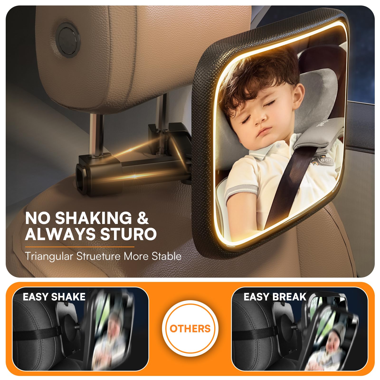 Baby Car Mirror with Light - Rechargeable Baby Mirror for Car with Remote Control, Clear Vision, 360° Rotation Rear Facing Car Seat Mirror, Shock and Shatter Resistant