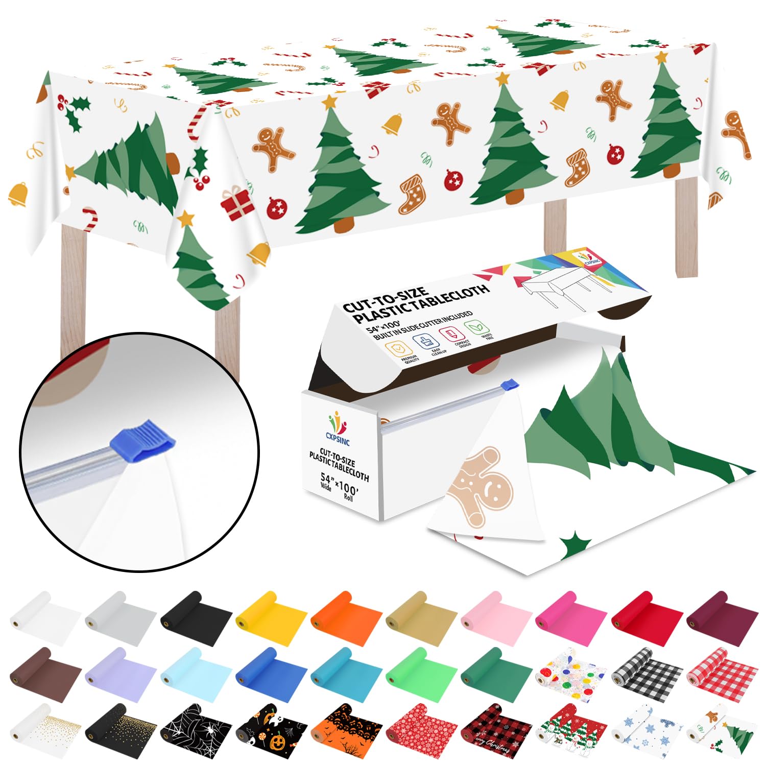 Photo 1 of CXPSINC 54 Inch X 100 Feet Plastic Table Cover Roll Disposable Tablecloth with Slide Cutter for All Type/Shape Tables | Picnic, Party, Banquet, Birthdays, Weddings (Christmas Tree, 100 Feet)