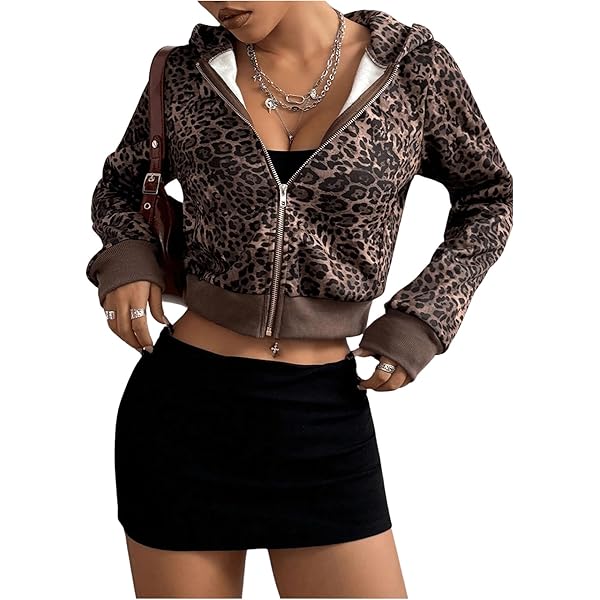 トップス GLITTER PRINT CROPPED HOODED SWEATER(BK) Amazon.com: Naileksi Women Leopard Print Full Zip Up Crop
