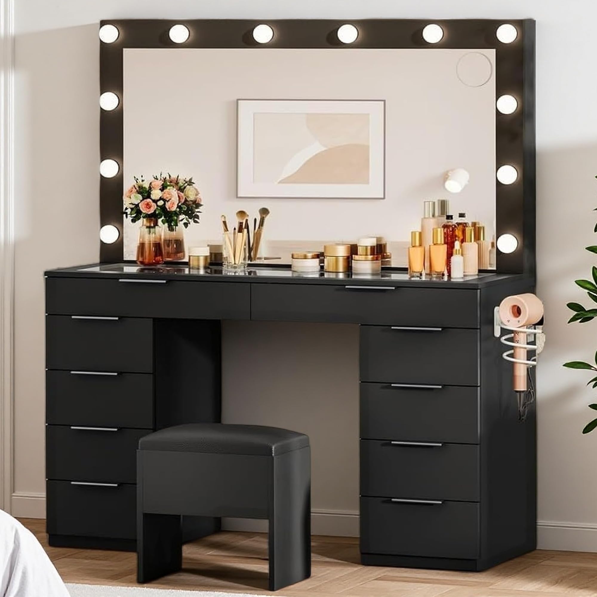 Photo 1 of *** PARTIAL SET/ MISSING ASSEMBLY PIECES*** DWVO 10 Drawer Large Makeup Vanity Table with Glass Top, LED Mirror, Charging Station & Cushioned Storage Stool, 46-Inch Dressing Desk Set with 3 Lighting Modes Brightness Adjustable, Dark Black