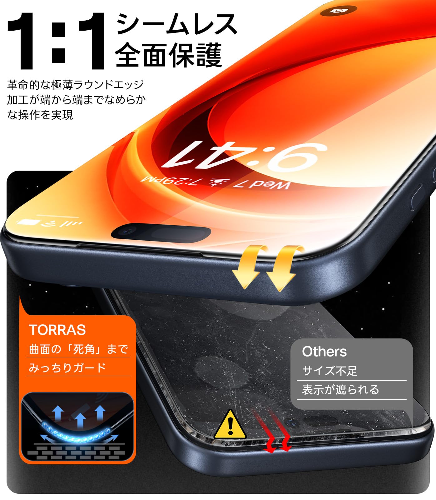 TORRAS iPhone Pro Glass Film, Aerospace Material, US Military Standard Full Protection, 10x Reinforced Ultra Thin Edge, Exceeds 9H, Automatic Dust Removal/Absorption, Anti-Fingerprint, Smooth