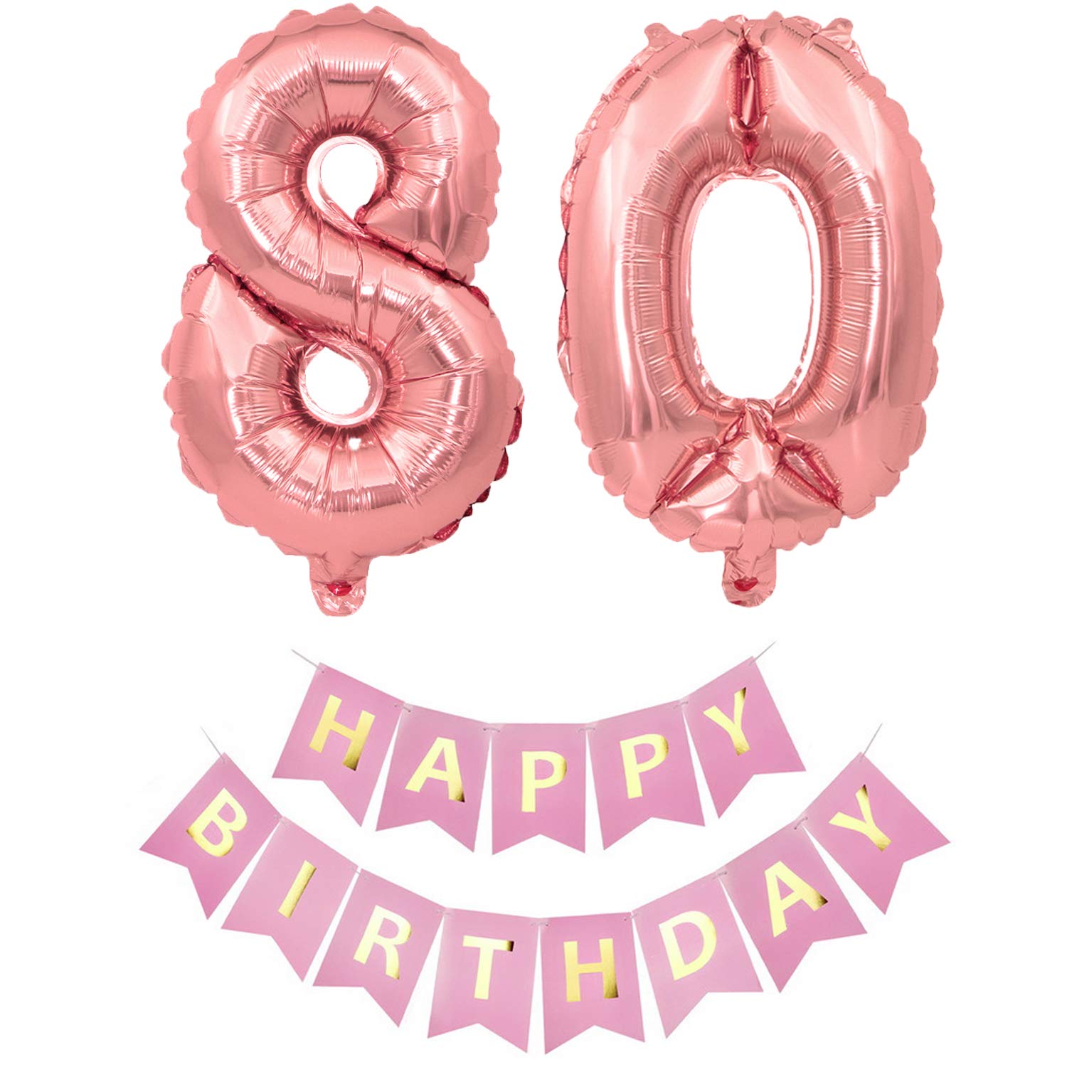 Pargleev Number 80 or 08 Helium Foil Balloons 80th 08th Happy Birthday Banners Bunting Set with 32 inch Mylar Foil Balloons for Men Women Boys Girls Party Decorations Rose Gold