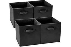 EZOWare Set of 4 Foldable Fabric Basket Bins, 13"x15"x13" Collapsible Storage Organizer Cube with Handle for Clothes Nursery - Black