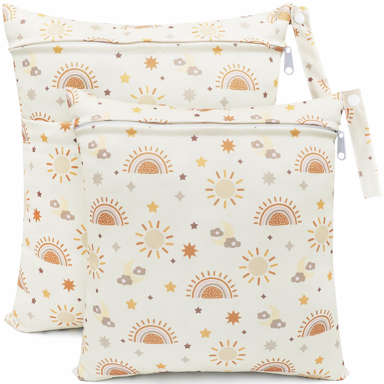 FenFang Wet Bag, 2 PCS Wet Dry Bags for Cloth Diapers Nappy Daycare Organiser Storage Bags, Waterproof Washable Reusable Zipper Bag (Yellow Sun)
