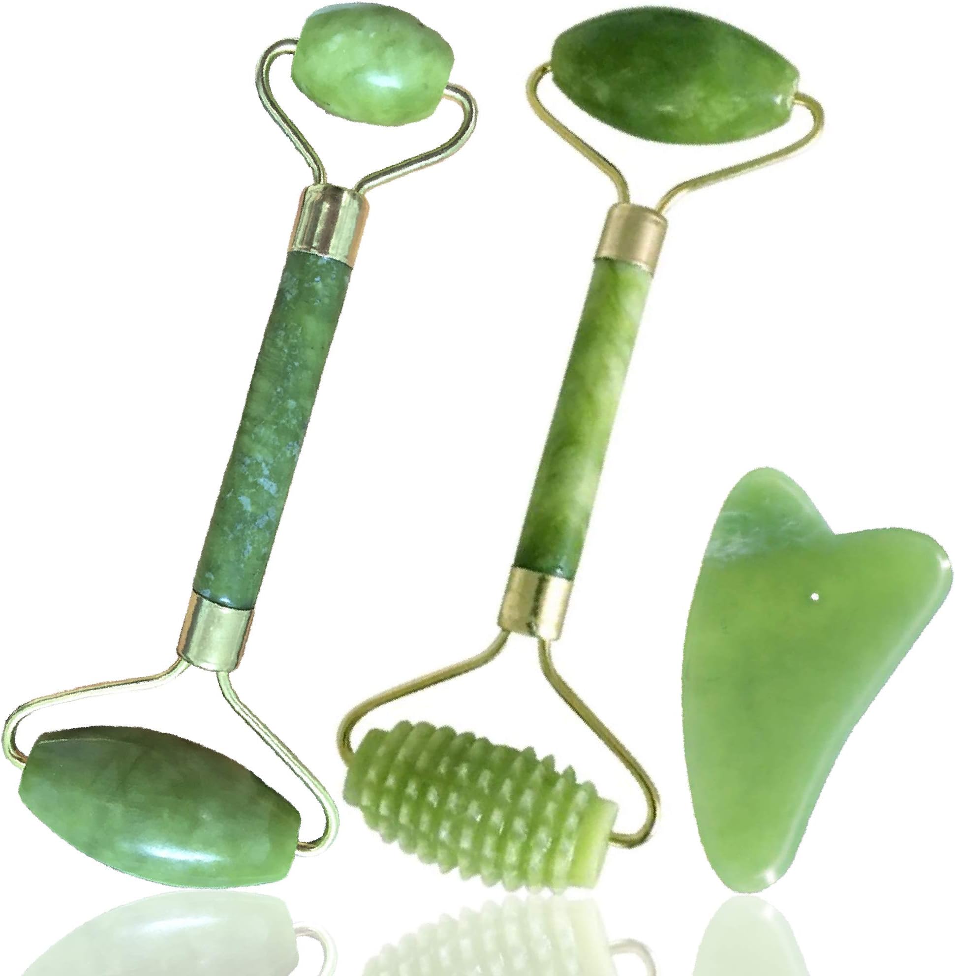 3 Pack - 2x Jade Roller & Gua Sha Scraping Massage Tool, Himalayan Anti-aging 100% Natural Facial Jade Stone Set, Face Eye Neck Beauty Roller For Slimming Firming, Rejuvenate Skin Remove Wrinkles (JR)
