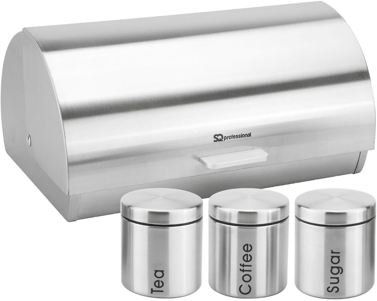 Metallic Tea Coffee Sugar Storage Canister Tin Jar Pot Container & Bread Bin Set Silver