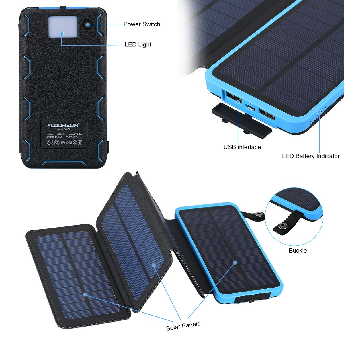 Solar Charger Power Bank 10,000mAh With 1+3PCS Solar Panels - FLOUREON Portable Mobile Phone Solar Charger Power Bank Dual USB 1.0A/2.1A Max IP67 Waterproof LED SOS Flashlight External Battery for iPhone, iPad, Samsung Galaxy and Android Ph
