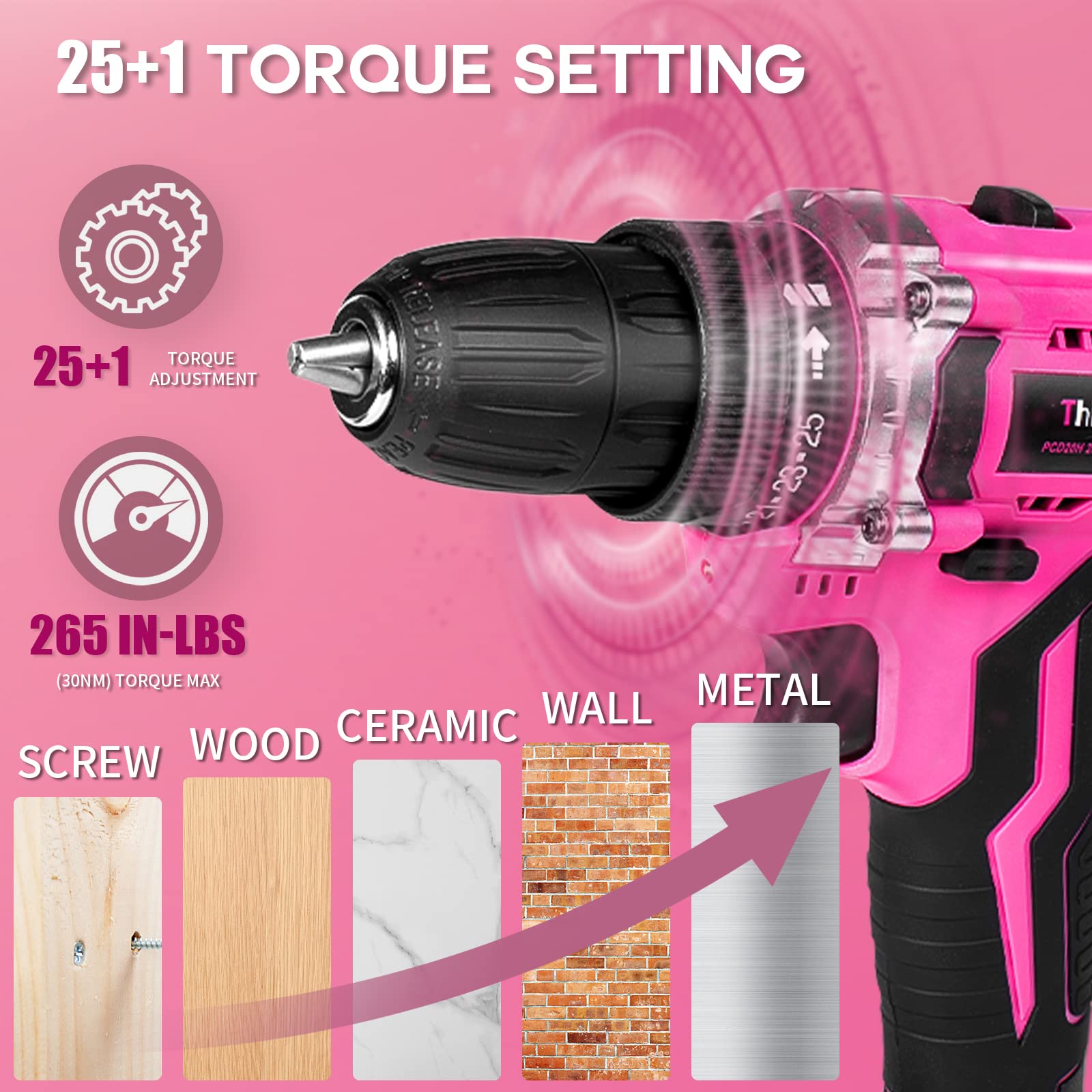 Pink Cordless Drill Set, 20V Lithium-ion Power Drill Set for Women with 67Pcs Driver Bits, 3/8