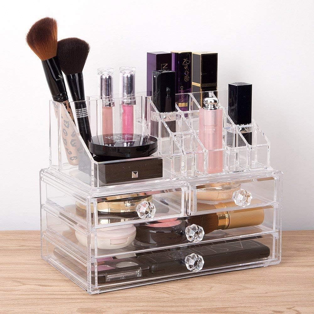 iPEGTOP Acrylic Clear Make Up Organiser Cosmetic Storage Box Display Makeup Case, 20 Sections with 4 Drawers, Diamond Drawer Handle: Home Improvement