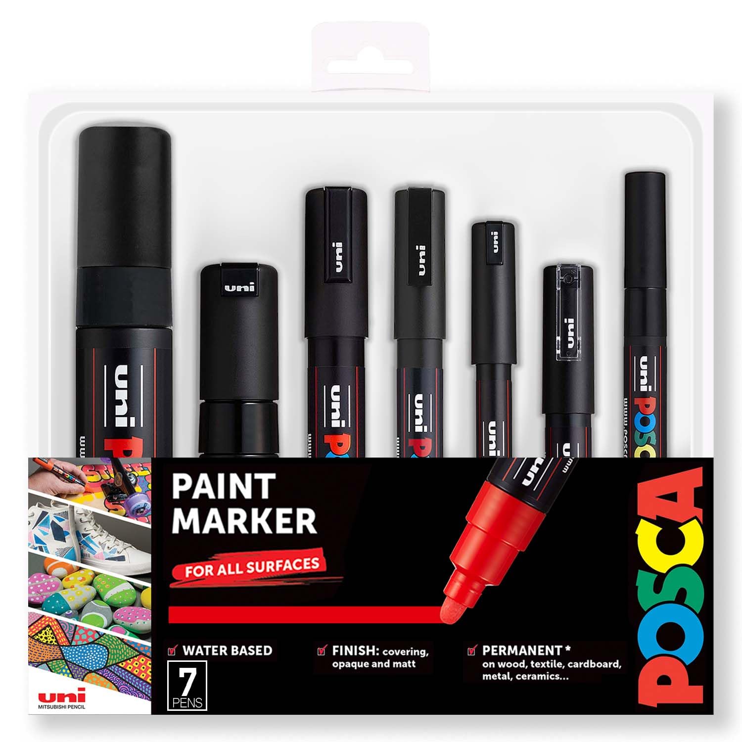 Posca Black - Full Set of 7 Pens (PC-17K, PC-8K, PC-5M, PC-3M, PC-1M, PC-1MR, PCF-350)