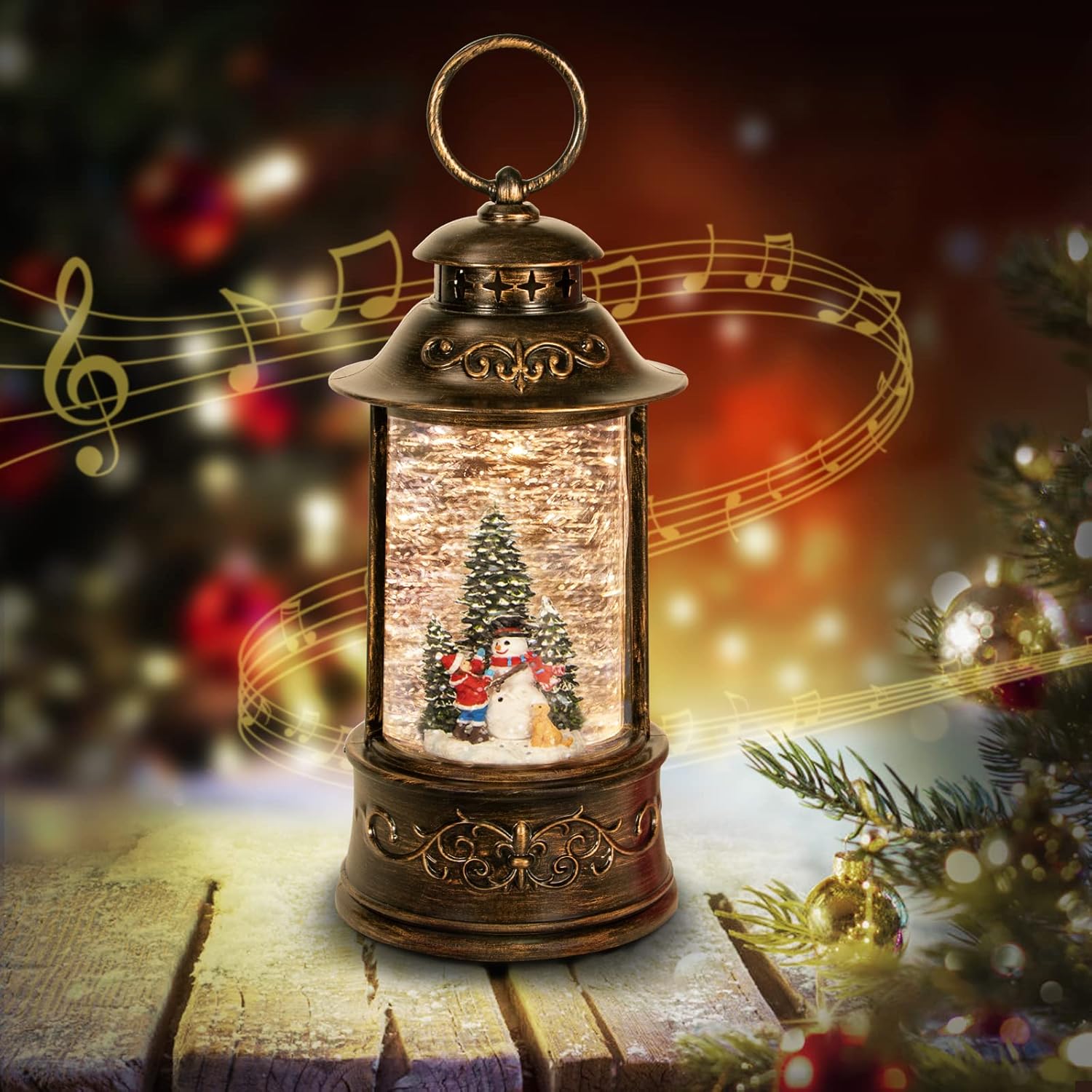 Snow Globes - Christmas Snow Globe Lantern Musical,6H Timer Cylinder Glitter Snow Globe,Bronze Snow Globes Christmas with Music Box Including 8 Songs,Lantern with Xmas Tree Snowman Decor