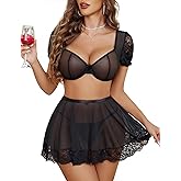 Avidlove Lingerie Sets for Women Sexy Mesh Top Lingerie Skirts 3 Piece Lace Babydoll Dress S-XXL