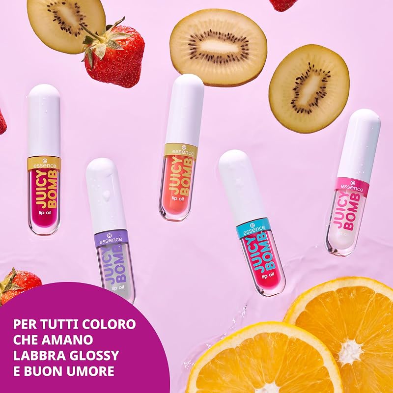essence JUICY BOMB lip oil set 01 – Set di oli labbra nutrienti con profumo fruttato – Finish ultra brillante con vitamina E e olio di jojoba – Cosmetica vegana – 5 x 2,4 ml