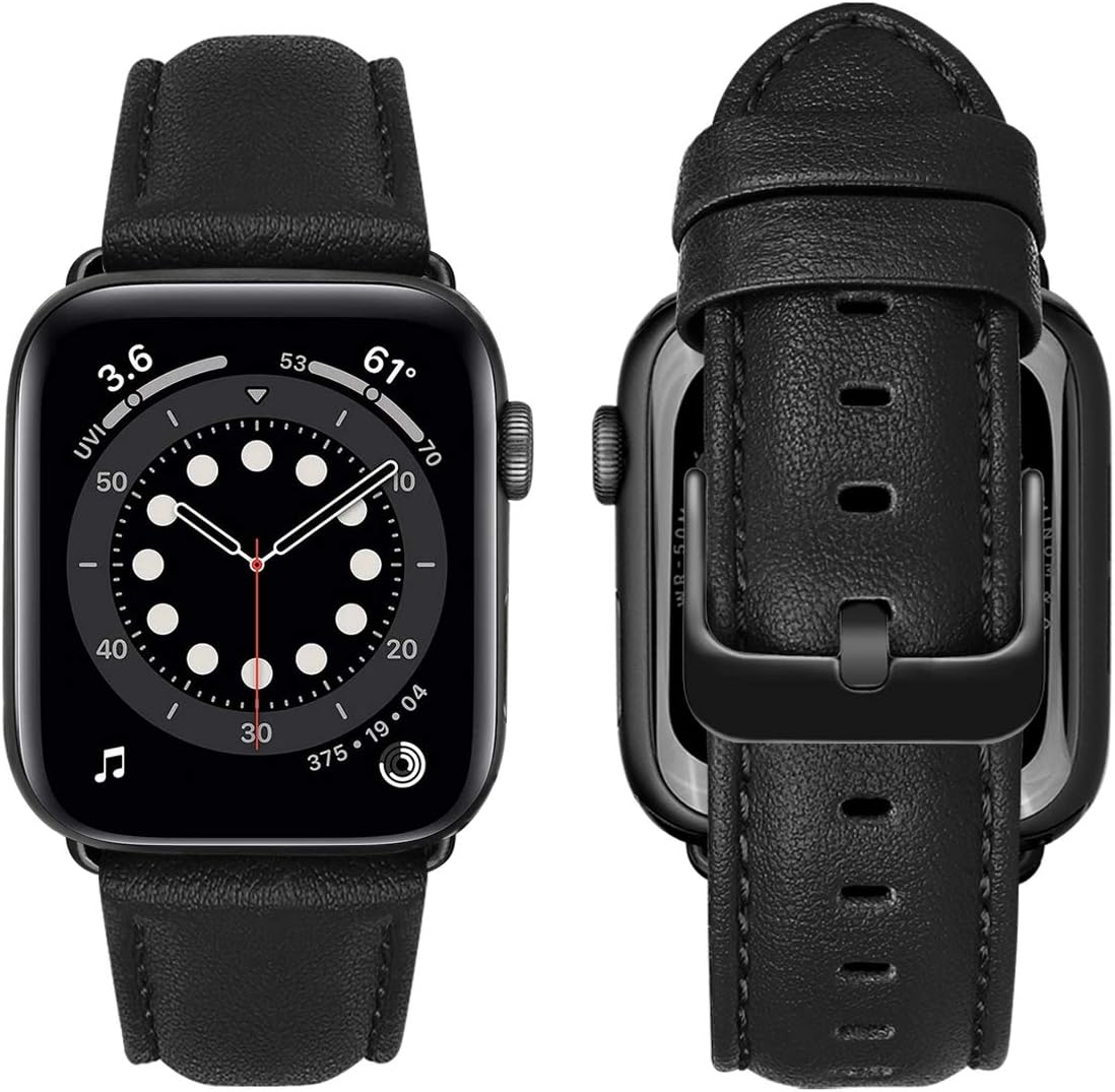 MroTech Compatible with Apple Watch Strap 42mm 44mm 45mm 49mm,Genuine Leather Band Replacement Straps Compatible with iWatch Strap Series Ultra 8 7 6 5 4 3 2 1 SE Watch Band,42 44 45 49 mm-nappa Black