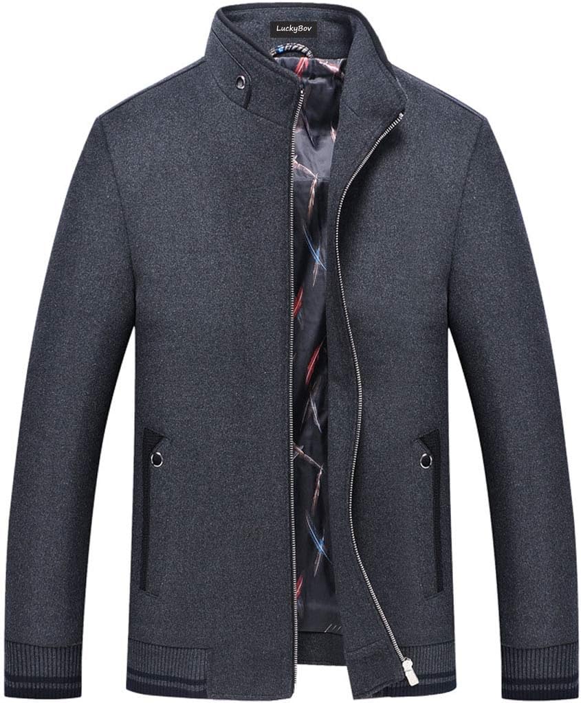 LuckyBov Men Wool Full Zipper Business Winter Jacket Windproof Motorcycle Outdoor Coat