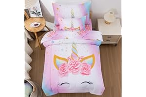 JQinHome Toddler Comforter for Girls,5 Piece Bed in A Bag 3D Unicorn Theme Bedding Set with 2 Pillowcases,1 Flat Sheet,1 Fitted Sheet(Unicorn,Toddler Size 42" x 57")
