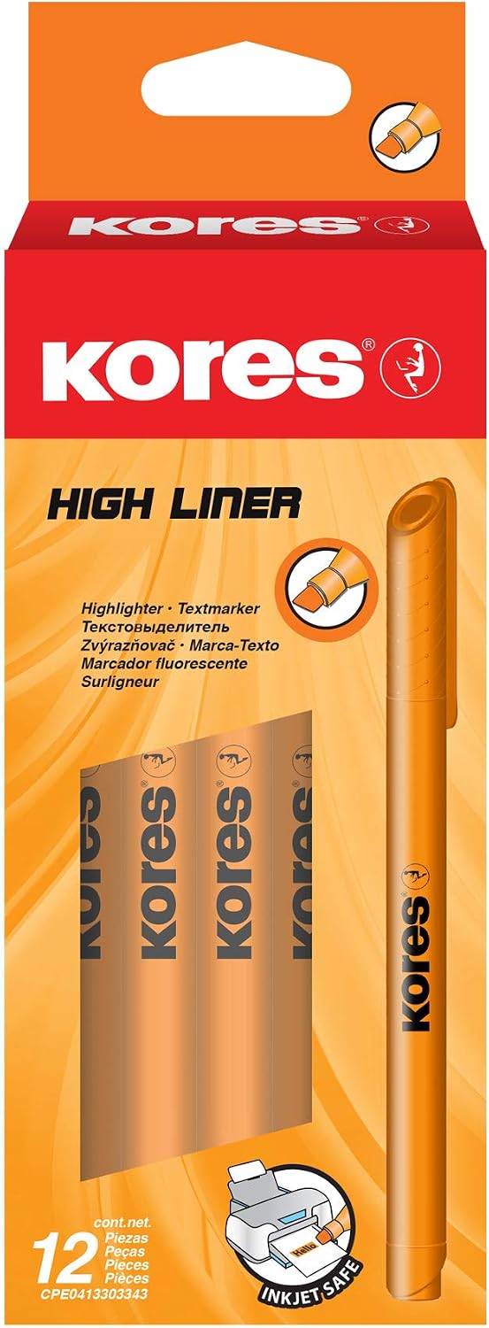 Kores, Fine Orange Fluorescent Highlighter Pens, High Liner, Water Based-Ink Highlighter Pen Set including Ergonomic Shape