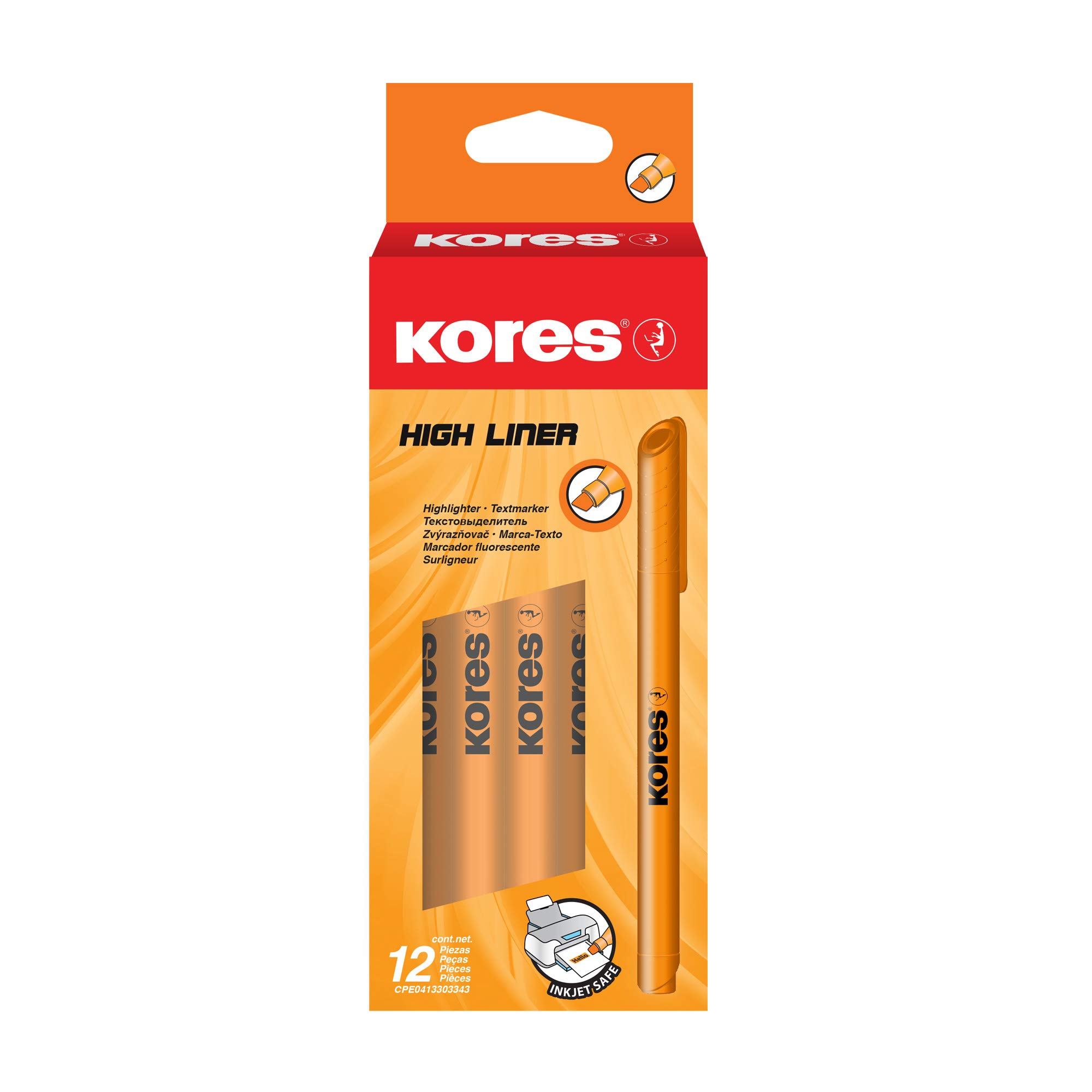Kores - Fine Orange Fluorescent Highlighter Pens - High Liner, Water Based-Ink Highlighter Pen Set with Ergonomic Shape, 1-4mm - Stationery School Supplies, Office Supplies - Set of 12