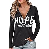 Flamingals Letter Print Zipper Tops for Women Ring Half Zip Deep V Neck Long Sleeve Low Cut Cinched Waist Tops Going Out