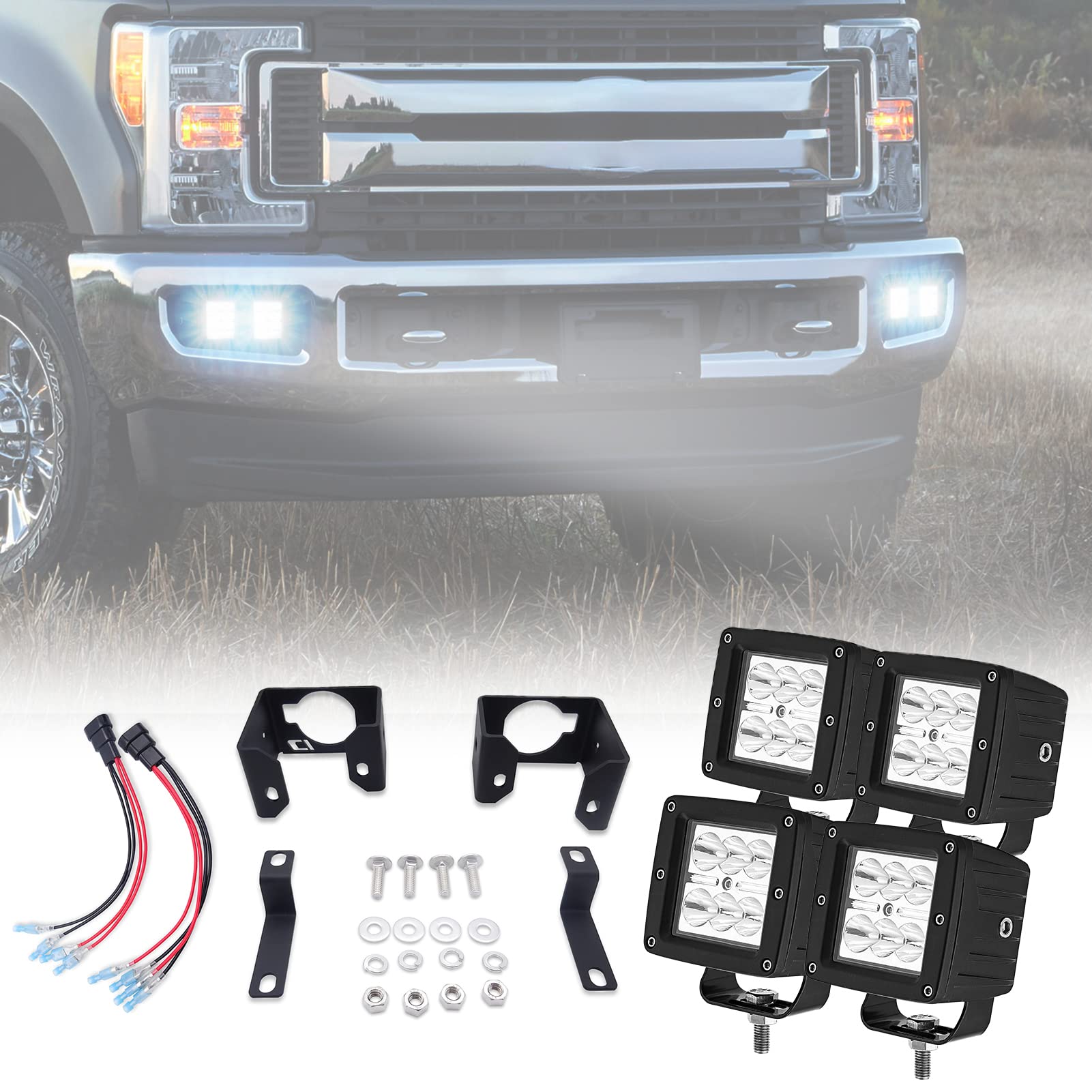 Photo 1 of 4x 24W LED Fog Light Pods & Bumper Dual Fog Lamp Location Mount Bracket Compatible with Ford F250 F350 F450 F550 Super Duties 2017-2019