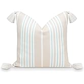 Hofdeco Premium Fall Coastal Patio Indoor Outdoor Pillow Cover Only, 18"x18" Water Repellent for Backyard, Couch, Muted Aqua Neutral Tan Stripe Tassel