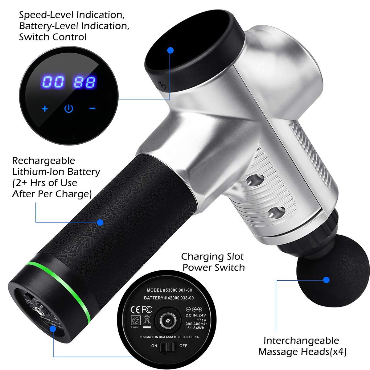 Massage Gun Deep Tissue Percussion Massager for Muscle Tension Relief, Handheld Electric Massager w/ 30 Speeds Rechargeable 2500mAh Battery 6 Heads for Athletes/Physical Therapist/Bodybuilder (Silver)