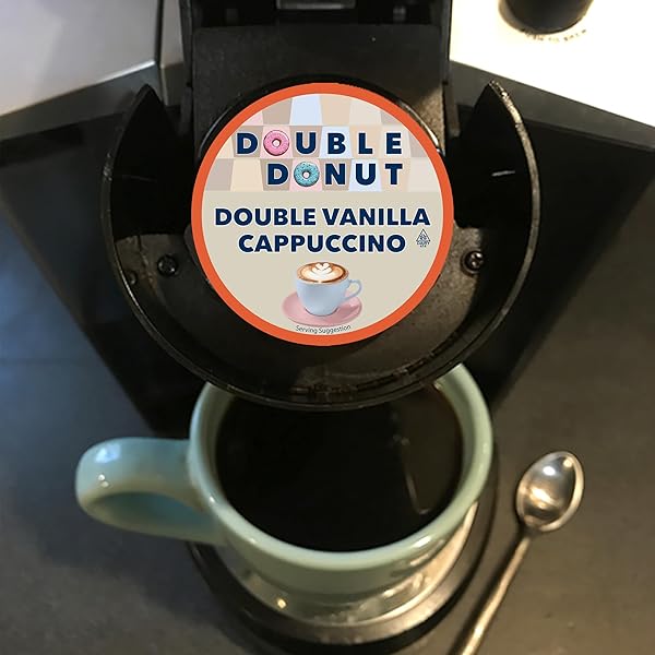 DOUBLE DONUT COFFEE DOUBLE VANILLA CAPPUCCINO PODS, 24 SINGLE SERVE CUPS FOR KEURIG K CUP BREWERS IN RECYCLABLE PODS