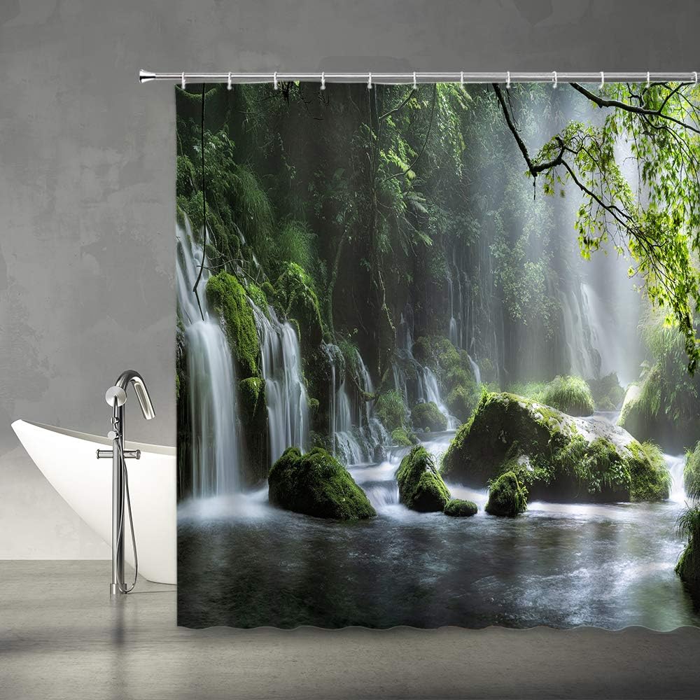AMFD Waterfall Shower Curtain Natural Scene Tropical Forest Waterfall