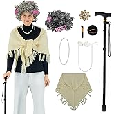 TPHAYSH Old Lady Costume Kit for Women Wig Knitted Shawl Brooch Necklace Glasses Cane Halloween 7pcs Granny Cosplay Set
