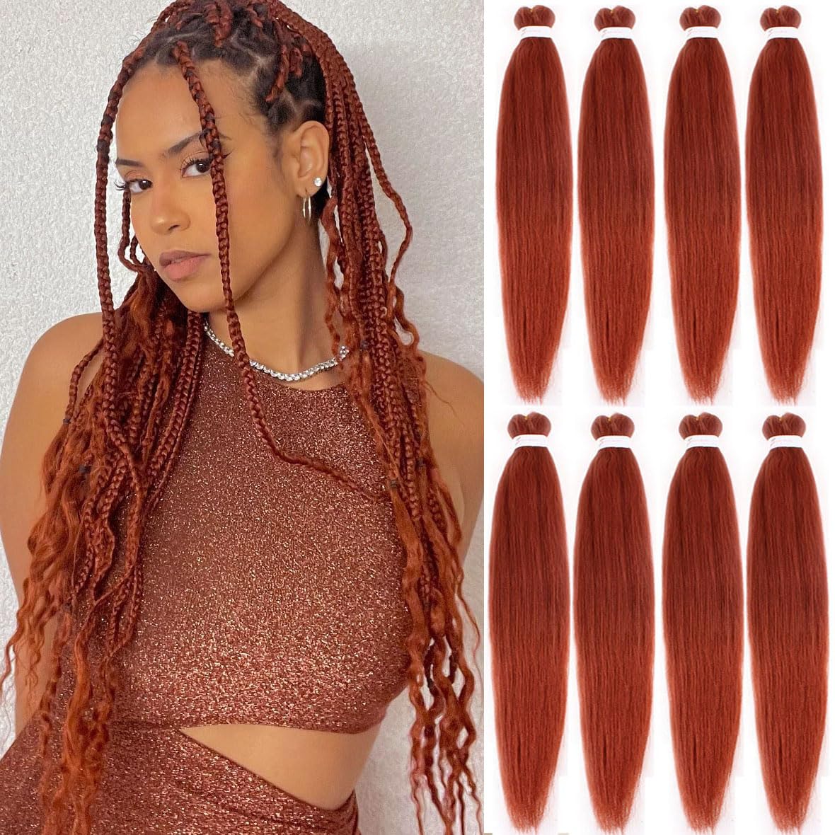 Kachanaa 16 Inch Pre Stretched Braiding Hair 8 Packs EZ Braids Yaki Hot Water Setting Kanekalon Hair for Braiding Yaki Texture Copper Red Pre Stretched Braiding Hair Extensions 350# — image 1