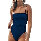 KRLAGAPAS Women's Sexy Ruched Bandeau One Piece Swimsuit Bathing Suit Slimming Swimwear, Super Cheeky Coverage, High Leg Cut