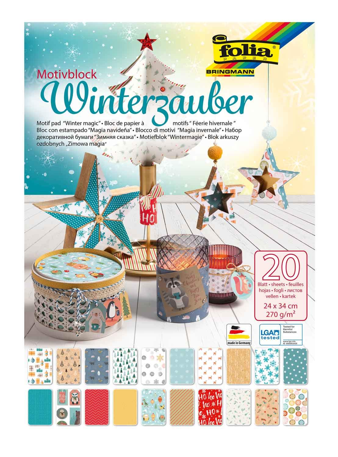 folia 49049 – Winter Magic Motif Pad 270 g/m² Approximately 24 x 34 cm 20 Sheets Assorted in 20 Different Designs – for Crafts and Creative Design of Cards, Window Pictures and for Scrapbooking