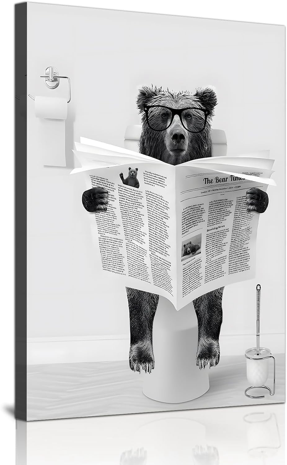 WADBTP High Ground Cow Bathroom Decoration Pictures, Modern Black and White Animal Bathroom Wall Decoration Poster, Toilet Cow Reading Newspaper Home Decoration Pictures, Frameless (Bear2, 30X40CM*1)