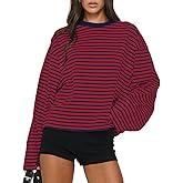 Cioatin Women Oversized Long Sleeve Striped Tee Shirt Tops Y2K Aesthetic Preppy Crewneck Sweatshirt Pullover Fall Outfits