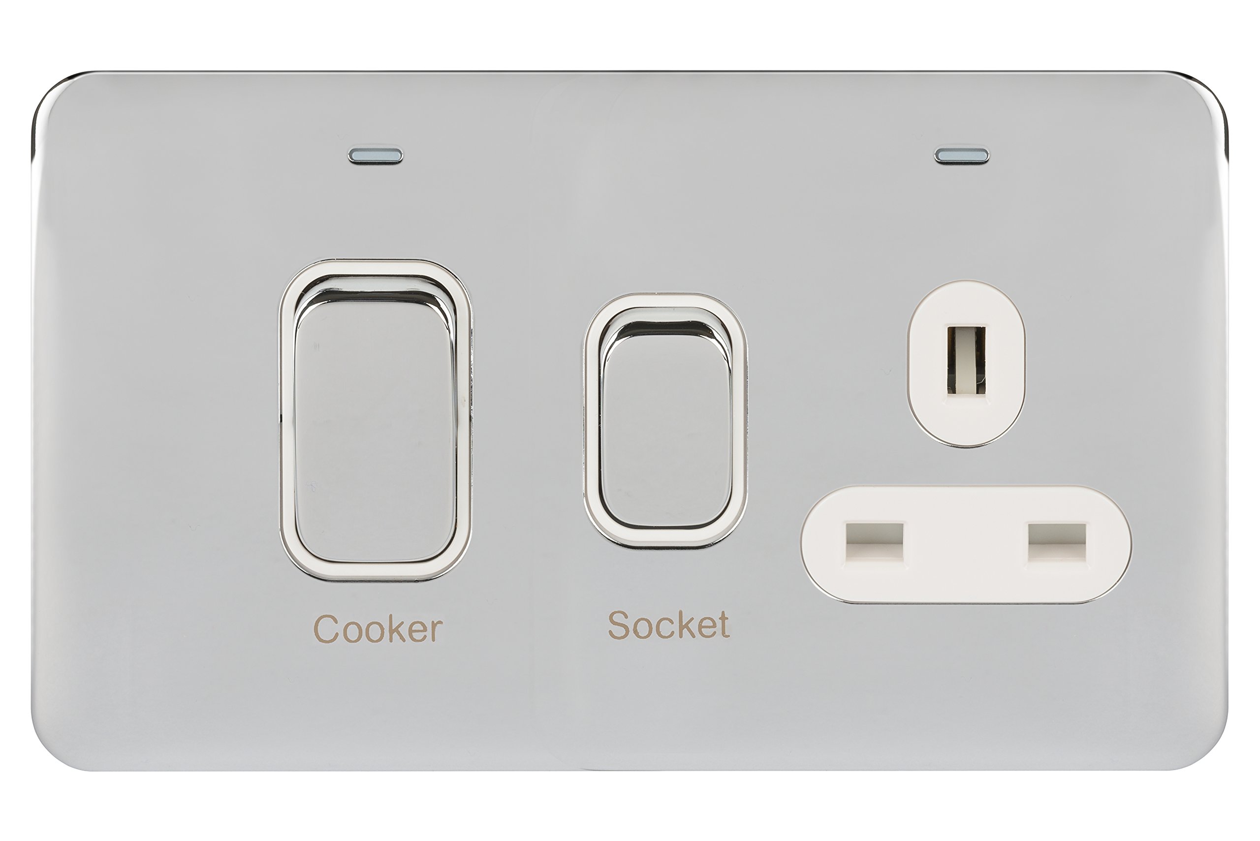 Schneider Electric Lisse Screwless Deco - Single Cooker Control Unit with Socket, Double Pole with Neon Indicator, 45A, GGBL4001WPC, Polished Chrome with White Insert — image 1