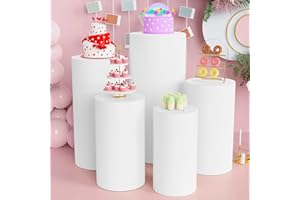 Anmakou Spandex Cylinder Pedestal Covers White Set of 5 Cylinder Plinth Stand Cover for Parties Wedding Pillars Baby Shower Dessert Tables Birthday Party Event Decor
