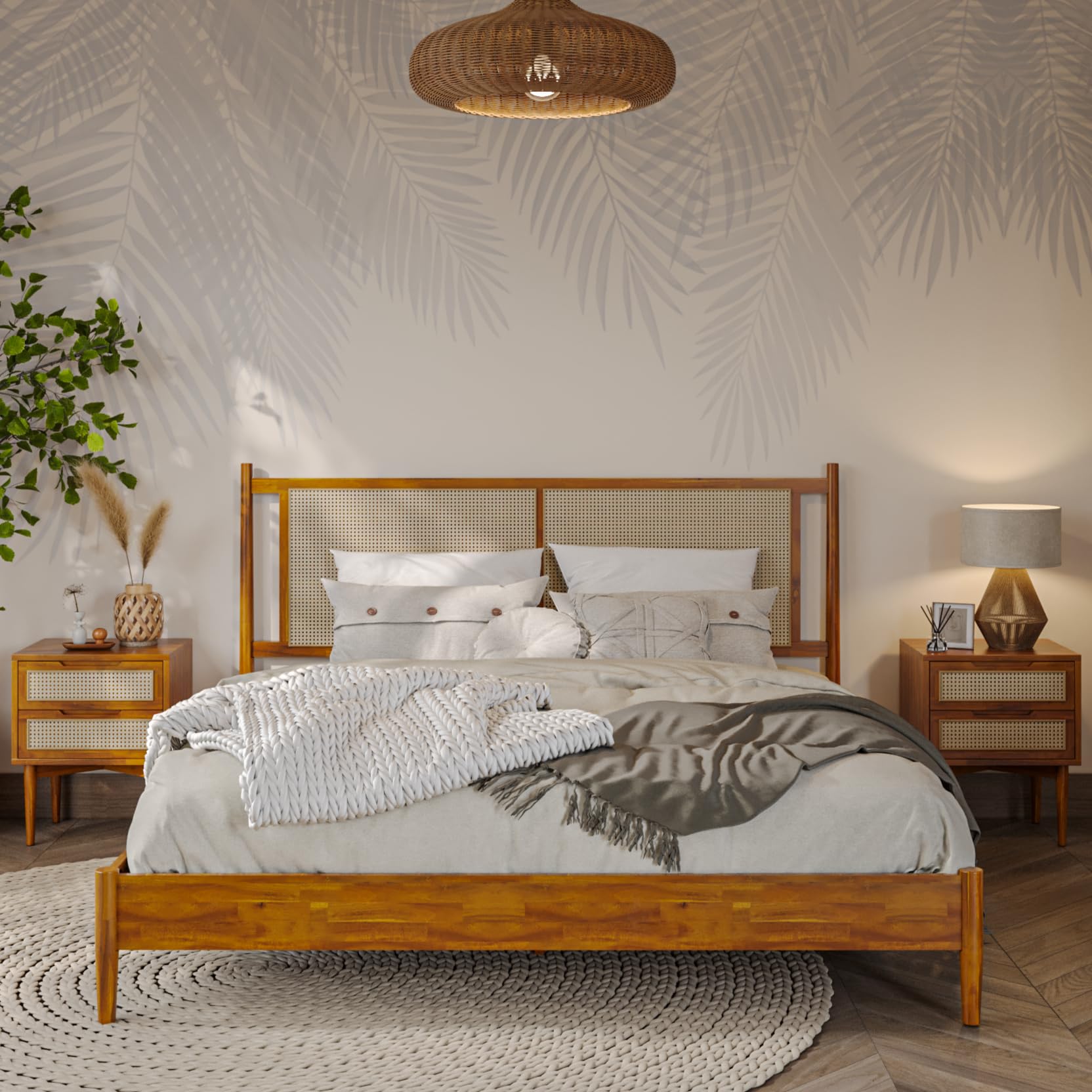 Photo 1 of Bme Oliver King Bed Frame and Headboard - 15-Inch Signature Design with Rattan Headboard, Bohemian and Mid Century Style, 12-Slat Wood Support, No Box Spring Needed - Easy Assembly, Caramel