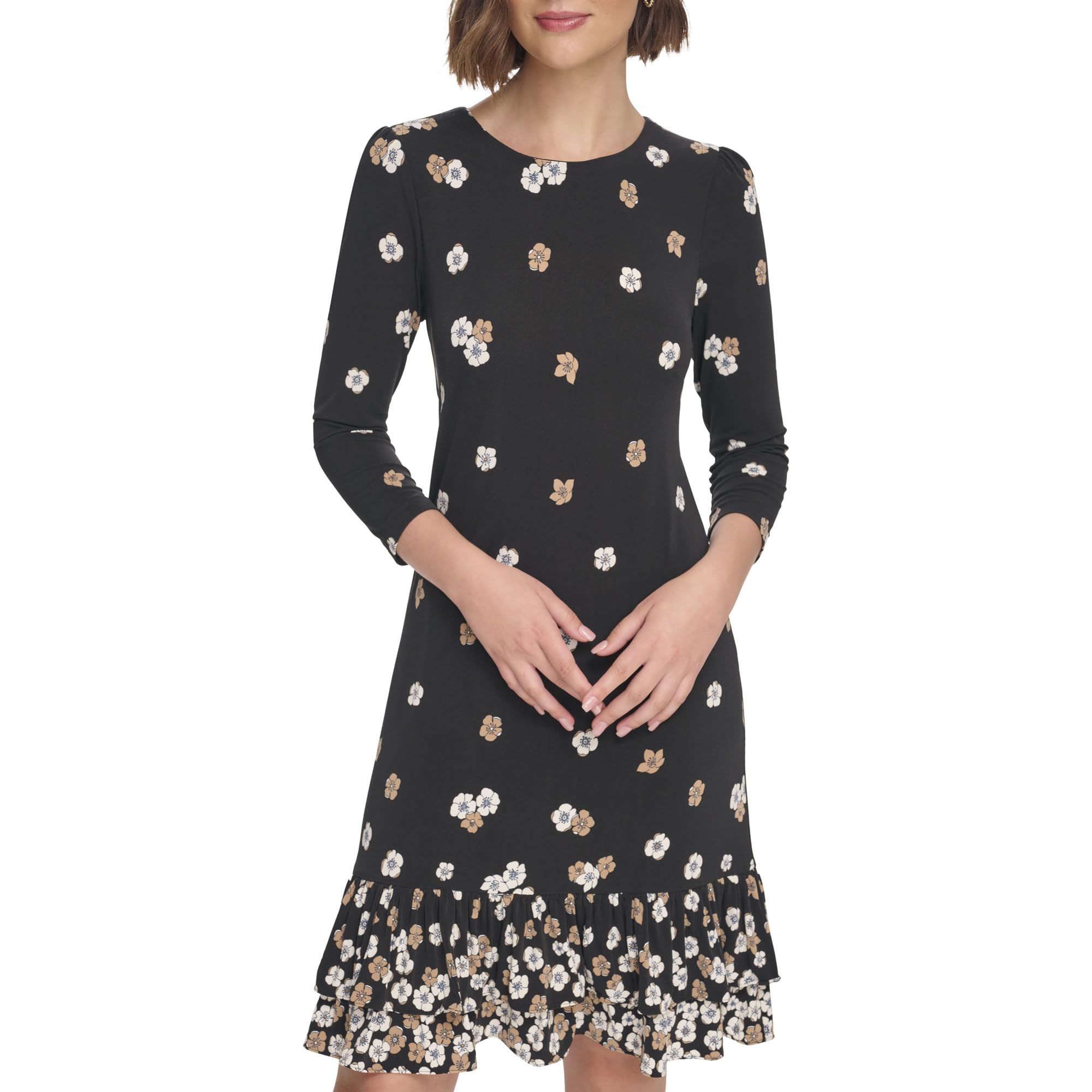 Tommy Hilfiger Women’s 3/4 Sleeve Crew Neck Double Ruffle Hem Jersey Shift Mini Dress, Black/Cream, 10