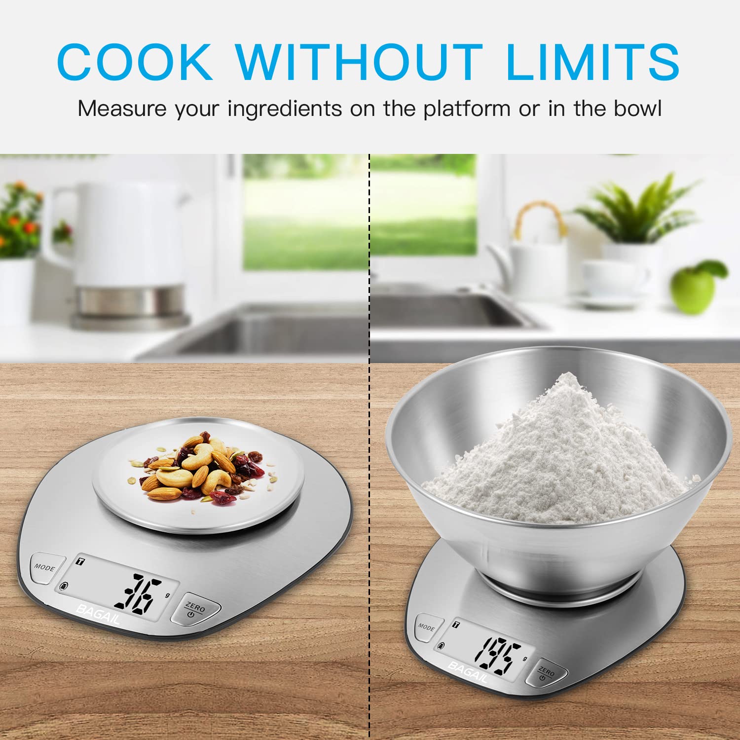 BAGAIL BASICS Electronic Kitchen Scale Premium Large Display Backing Scale Wet and Dry Food Weighing Scale with Stainless Steel Mixing Bowl - 5kg