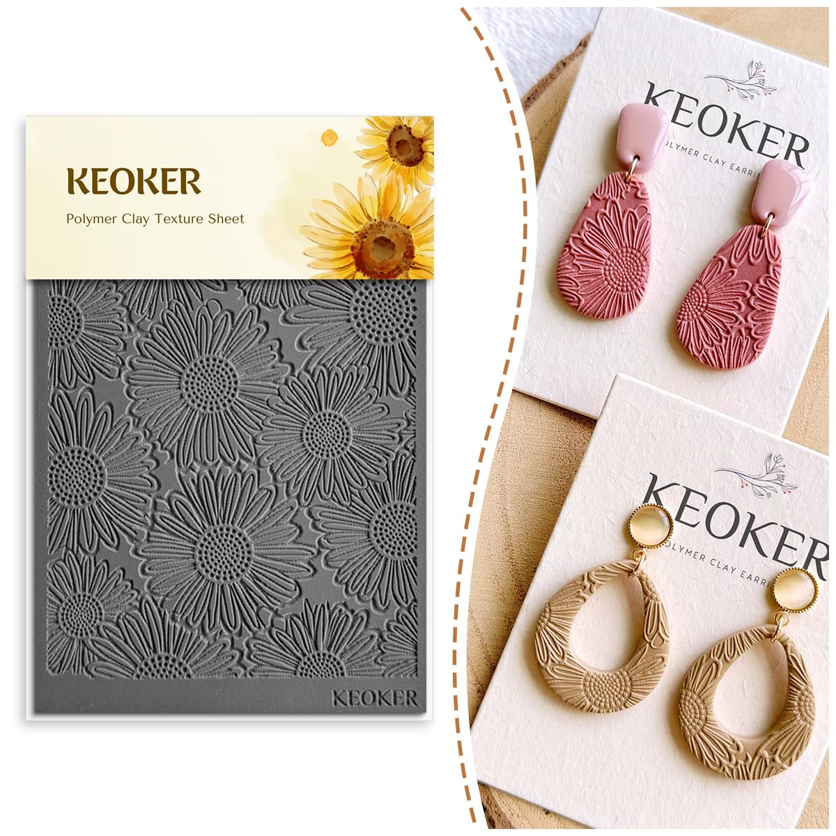 KEOKER Polymer Clay Texture Sheets, Clay Texture Mat for Making Earrings Jewerly, Polymer Clay Earrings Tools (Flower A)