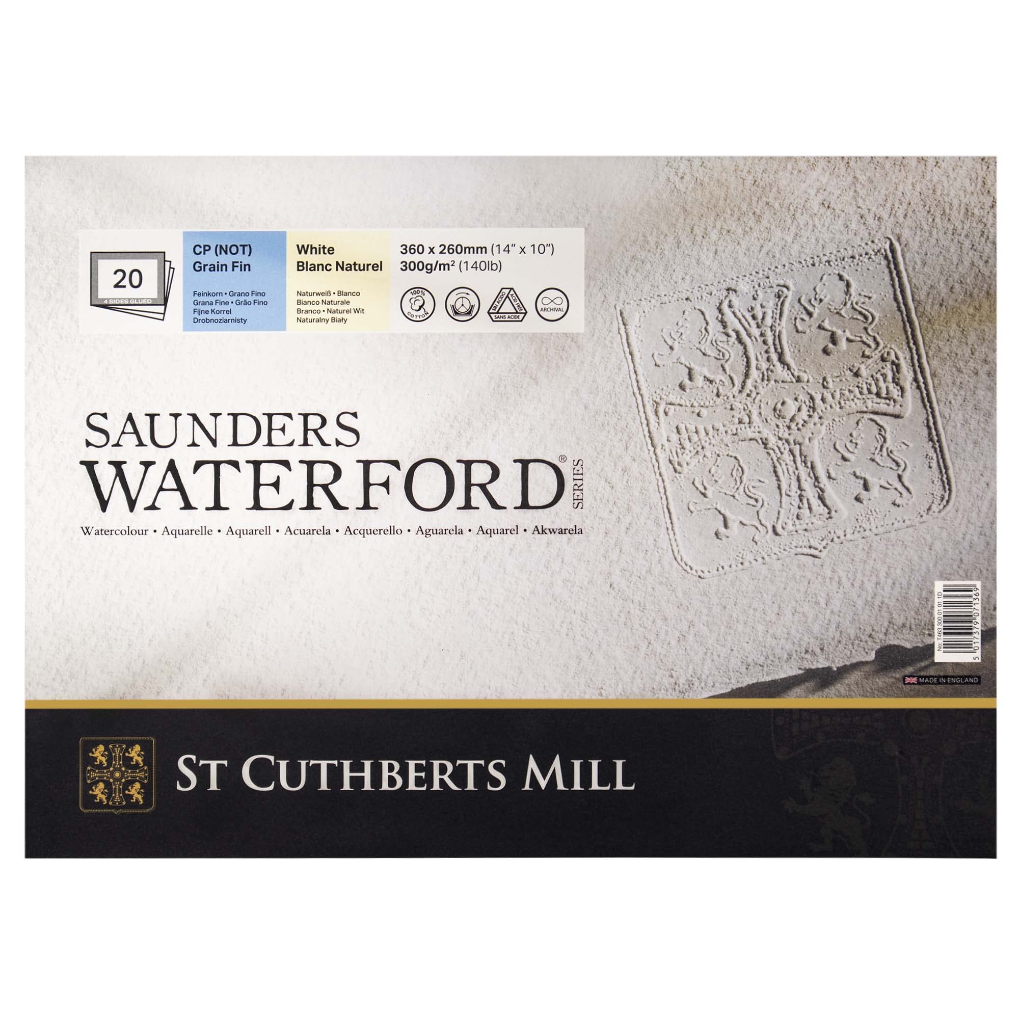 St Cuthberts Saunders Waterford Cold Pressed Block White 300gsm 360 x 260mm, 20 Sheets, Professional Watercolour Paper