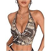 OYOANGLE Women's Camo Print Halter Camisoles Deep V Neck Backless Y2K Fitted Crop Tops