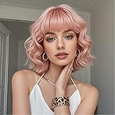 Twobla Pink Bob Wig With Bangs For Women | 16 Inch Bob Wavy Wig With Curtain Bangs | Heat Resistant, Wear & Go, No Glue Needed | Cosplay Use