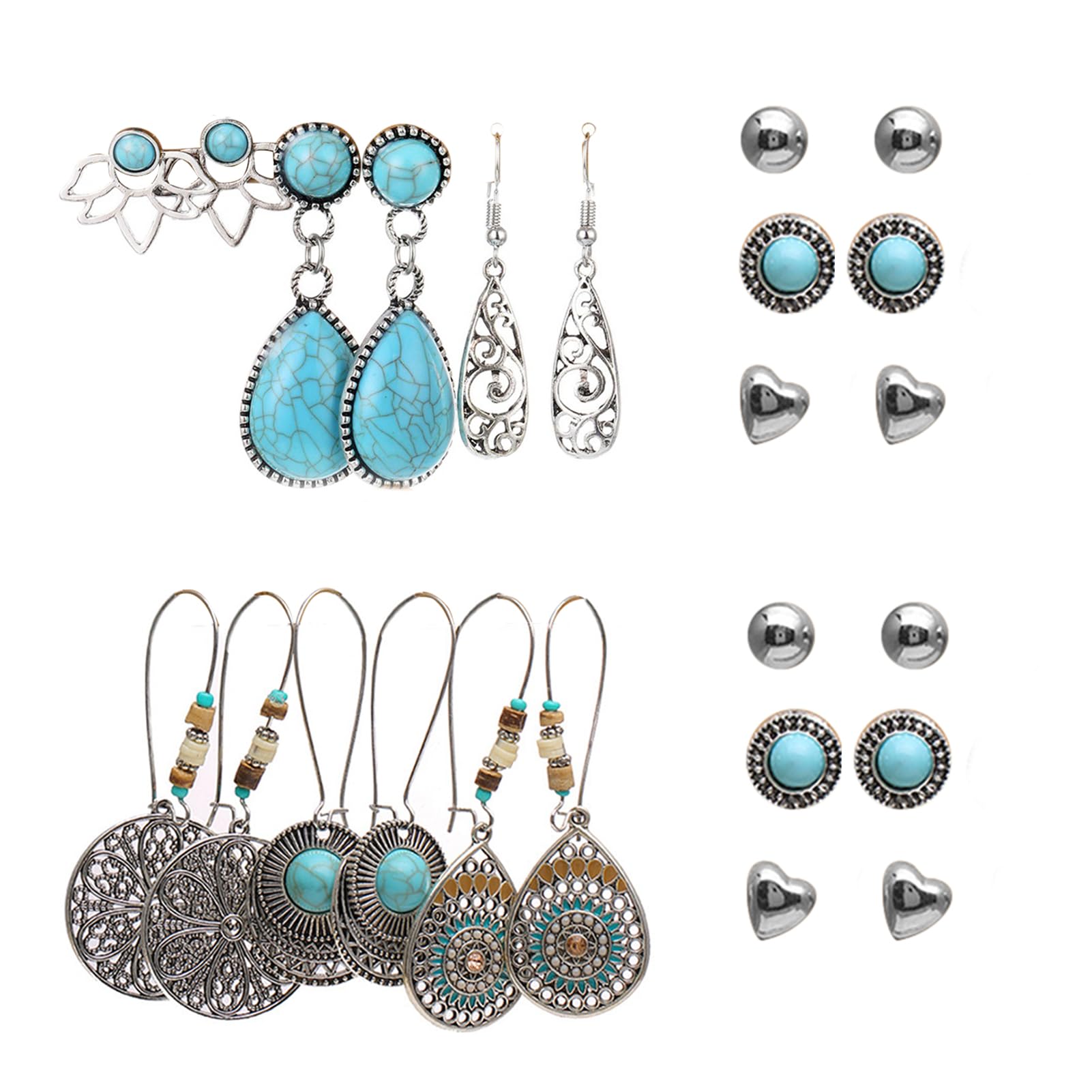 12 Pairs Bohemian Earrings - Retro Boho Drop & Dangle Earrings with Leaf Shape & Metal Hollow Pendant Design - Perfect for Girls & Women