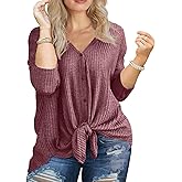 OLRIK Plus Size Tops for Women Long Sleeve V Neck Waffle Knit Shirts | Tie Front Knot | Button Up | Soft Stretch Fabric | Loose Fit Tunic Blouse | Casual Fall T Shirts | Work &amp; Daily | 1X-5X