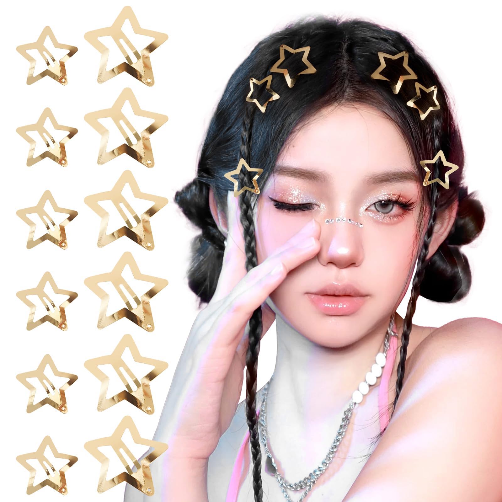 Generic 12-Piece Gold Star Hair Clips, Metal Star Hair Clips, Anti-Slip Snap Clips, Y2K Carnival Hair Accessories for Girls, Gold Clips for Hair Stars