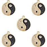 COGCHARGER 5 Pieces Yinyang Charm Tai Chi Pendants Brass Cubic Zirconia Pendants Real 18K Gold Plated for Jewelry Necklace Bracelet Earring Making Crafts