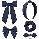 DEEKA 5 Styles Uniform Long Tail Hair Bows Knotted Headband Scrunchies Bow Set Alligator Clips Back to School Accessories for Toddler Little School Girls (Navy 5 Styles)
