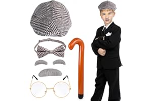 Yewong Kids Old Man Costume Grandpa Accessories Beret Hat Mustache Eyebrows Inflatable Cane Glasses Bowite Set